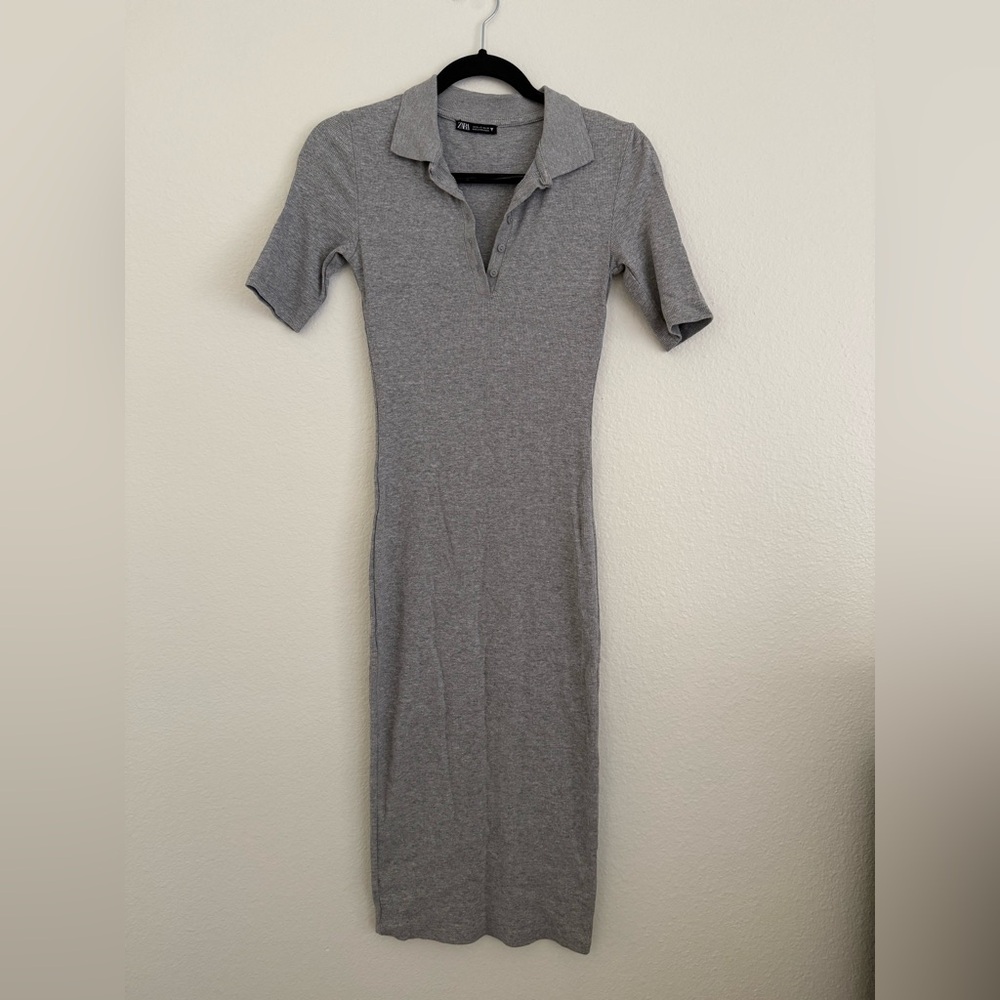 Zara Women Ribbed Polo Shirt Dress Gray